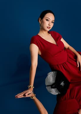 Panelled Mixed Fabric V-Neck Fit & Flare Midaxi Dress