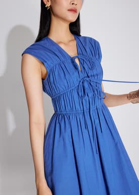 Linen Front Tie Fit & Flare Elastic Midaxi Dress