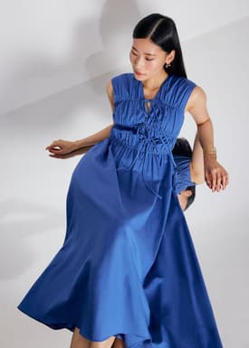 Linen Front Tie Fit & Flare Elastic Midaxi Dress