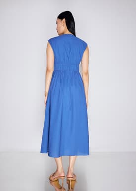 Linen Front Tie Fit & Flare Elastic Midaxi Dress