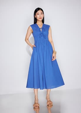 Linen Front Tie Fit & Flare Elastic Midaxi Dress