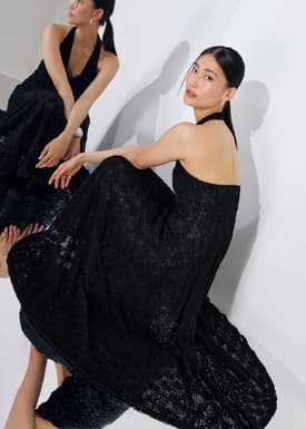 Crochet Halter Plunge Fit & Flare Midaxi Dress