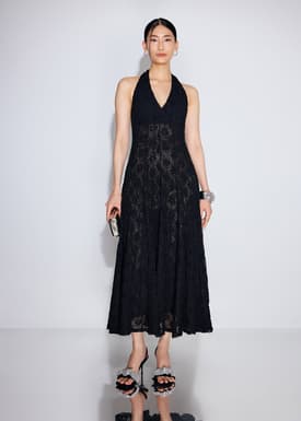 Crochet Halter Plunge Fit & Flare Midaxi Dress