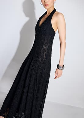 Crochet Halter Plunge Fit & Flare Midaxi Dress