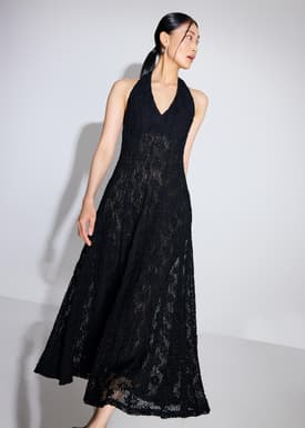 Crochet Halter Plunge Fit & Flare Midaxi Dress