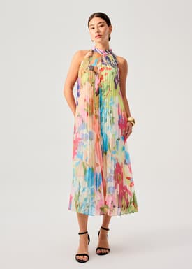 Georgette Pleated Mock Neck Trapeze Midaxi Dress in Vivid Blooms