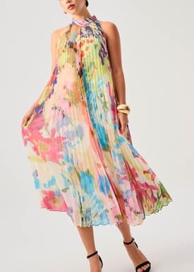 Georgette Pleated Mock Neck Trapeze Midaxi Dress in Vivid Blooms