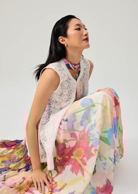 Georgette Pleated Mock Neck Trapeze Midaxi Dress in Vivid Blooms