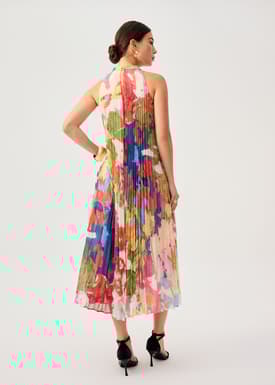 Georgette Pleated Mock Neck Trapeze Midaxi Dress in Vivid Blooms