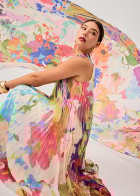 Georgette Pleated Mock Neck Trapeze Midaxi Dress in Vivid Blooms