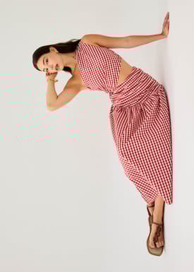 Gingham Cotton Cut Out Toga Fit & Flare Maxi Dress