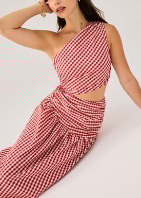 Gingham Cotton Cut Out Toga Fit & Flare Maxi Dress
