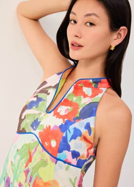 Side Slit Column Midaxi Cheongsam in Vivid Blooms