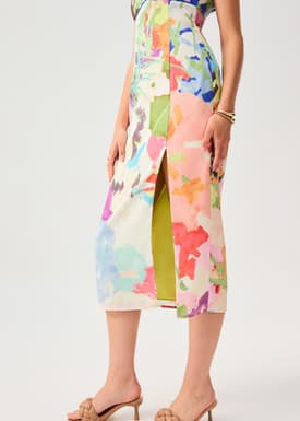 Side Slit Column Midaxi Cheongsam in Vivid Blooms