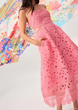 Lace Trim Cut Out Straight Neck Fit & Flare Midaxi Dress