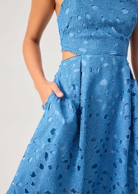 Lace Trim Cut Out Straight Neck Fit & Flare Midaxi Dress