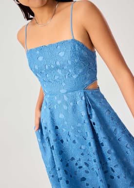 Lace Trim Cut Out Straight Neck Fit & Flare Midaxi Dress