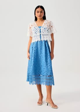 Lace Trim Cut Out Straight Neck Fit & Flare Midaxi Dress