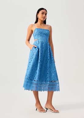 Lace Trim Cut Out Straight Neck Fit & Flare Midaxi Dress