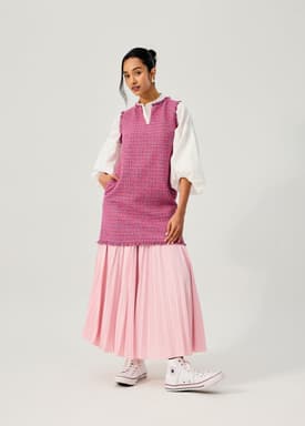 Tweed Frayed Hem Notch Shift Mini Dress