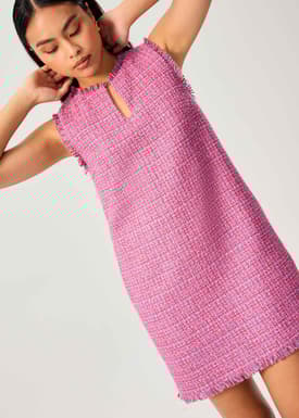 Tweed Frayed Hem Notch Shift Mini Dress