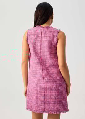 Tweed Frayed Hem Notch Shift Mini Dress