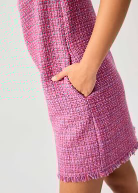 Tweed Frayed Hem Notch Shift Mini Dress
