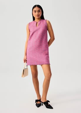 Tweed Frayed Hem Notch Shift Mini Dress