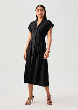 Crinkled Collared Button Down Fit & Flare Midi Dress