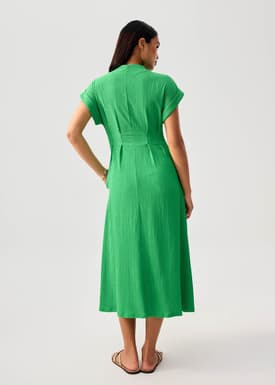 Crinkled Collared Button Down Fit & Flare Midi Dress