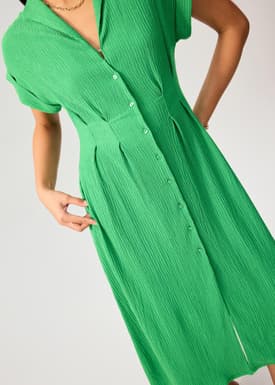 Crinkled Collared Button Down Fit & Flare Midi Dress