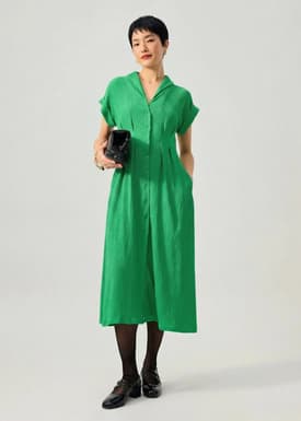 Crinkled Collared Button Down Fit & Flare Midi Dress