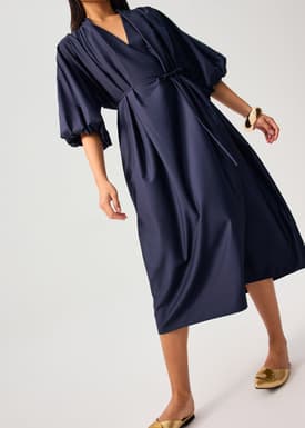 Detachable Sash Tie Puff Sleeve Cocoon Midaxi Dress