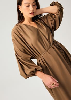 Detachable Sash Tie Puff Sleeve Cocoon Midaxi Dress