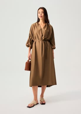 Detachable Sash Tie Puff Sleeve Cocoon Midaxi Dress