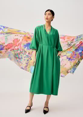 Detachable Sash Tie Puff Sleeve Cocoon Midaxi Dress