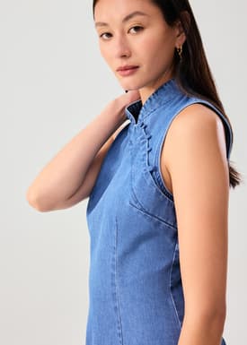 Denim Mandarin Collar Column Midaxi Dress