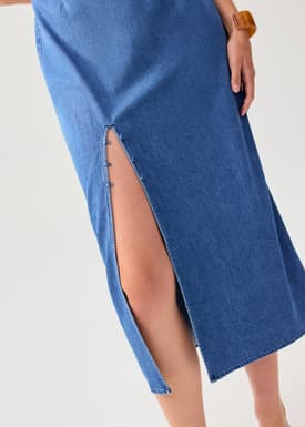 Denim Mandarin Collar Column Midaxi Dress