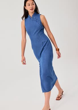 Denim Mandarin Collar Column Midaxi Dress