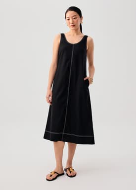 Contrast Stitch Cotton Scoop Neck A-Line Midi Dress