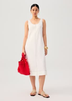 Contrast Stitch Cotton Scoop Neck A-Line Midi Dress