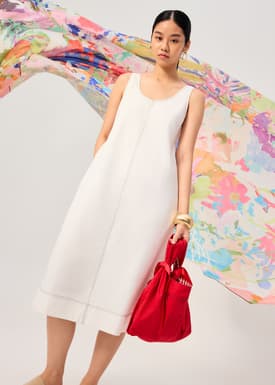 Contrast Stitch Cotton Scoop Neck A-Line Midi Dress