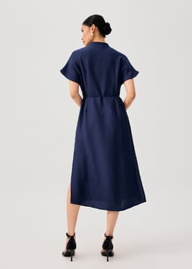 Detachable Sash Tie Crinkled Mandarin Collar Column Midi Dress