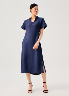 Detachable Sash Tie Crinkled Mandarin Collar Column Midi Dress