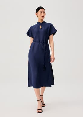 Detachable Sash Tie Crinkled Mandarin Collar Column Midi Dress
