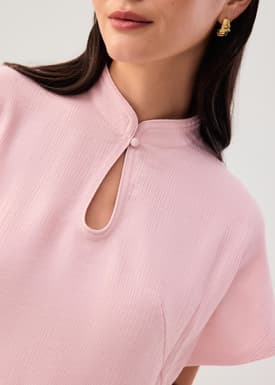 Detachable Sash Tie Crinkled Mandarin Collar Column Midi Dress