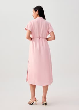 Detachable Sash Tie Crinkled Mandarin Collar Column Midi Dress
