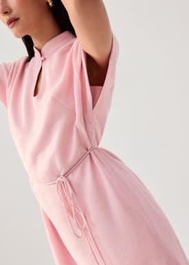 Detachable Sash Tie Crinkled Mandarin Collar Column Midi Dress