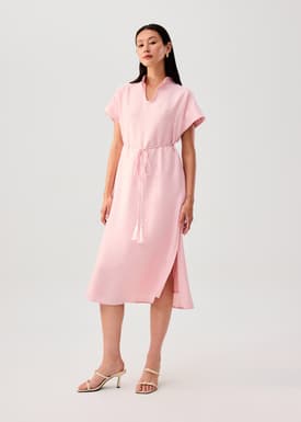 Detachable Sash Tie Crinkled Mandarin Collar Column Midi Dress