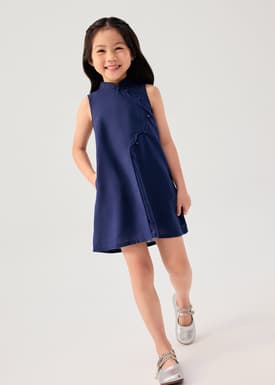 Girls' Mandarin Collar Scallop Edge Shift Midi Dress